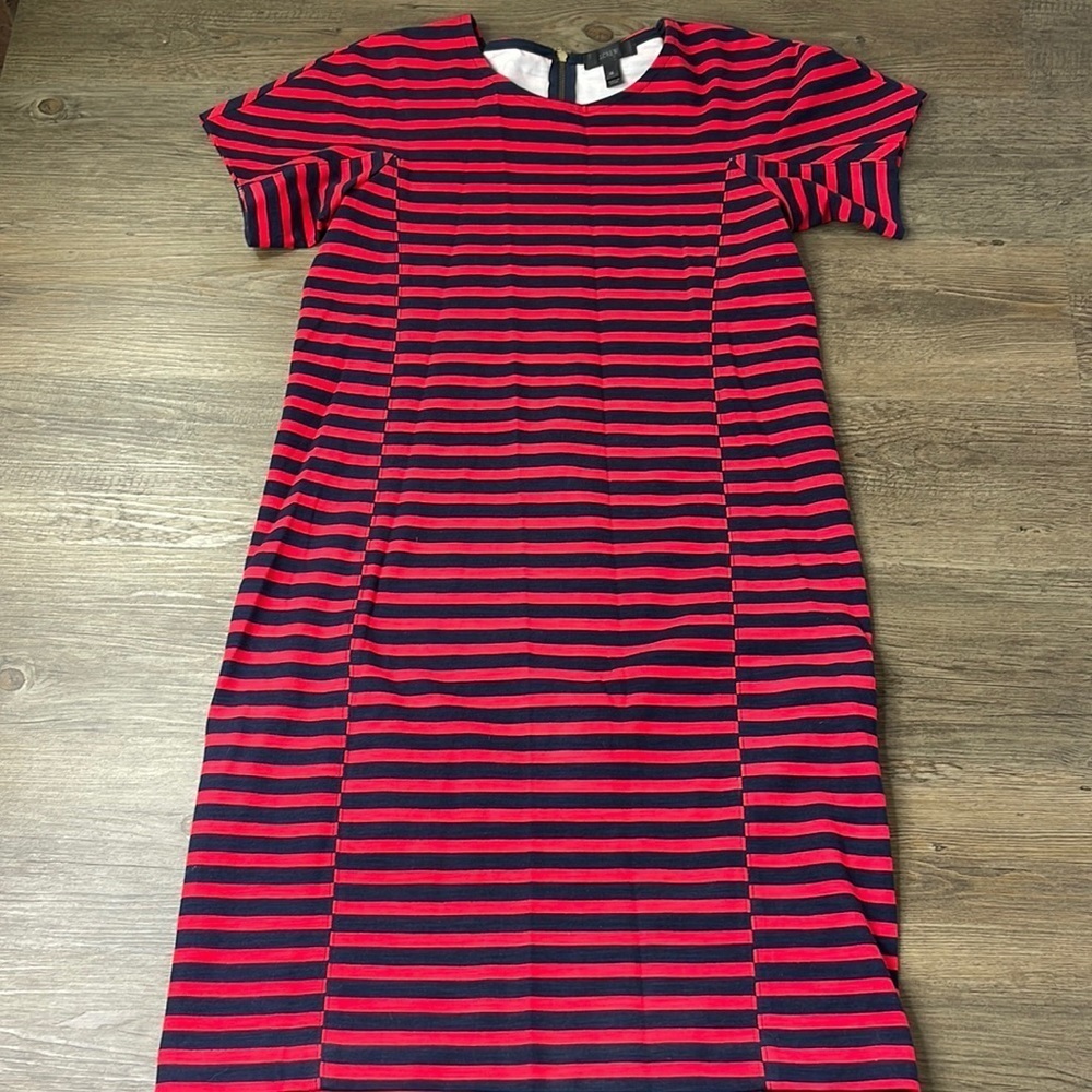 J. Crew Women’s Navy Blue Red Striped Short Sleeve Dress, gold zipper detail, XS - Picture 2 of 9